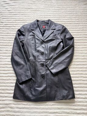 Gallery Women's Black Genuine Leather Button Collared Lined Mid-Length Jacket M